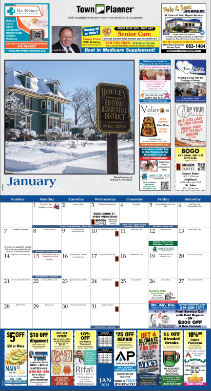 example calendar page showing ads for local businesses on January's page; direct mail ads; print advertising